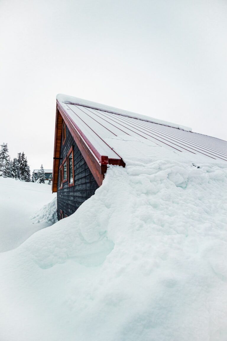 Snow-covered roof with a thick ice ridge along the eaves, visible gutters, and winter sunlight.